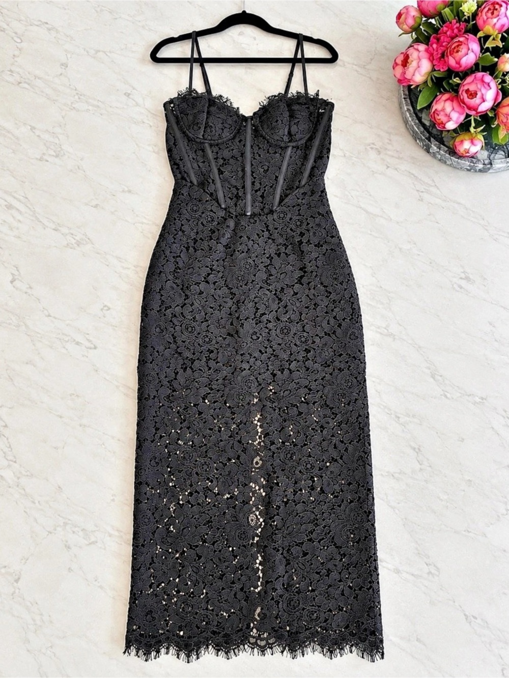 Bardot Olina Corset Midi Dress Black Lace